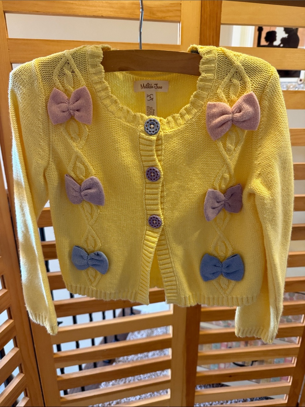 Matilda Jane Yellow Knit Cardigan with Lavender and Light Blue Bows